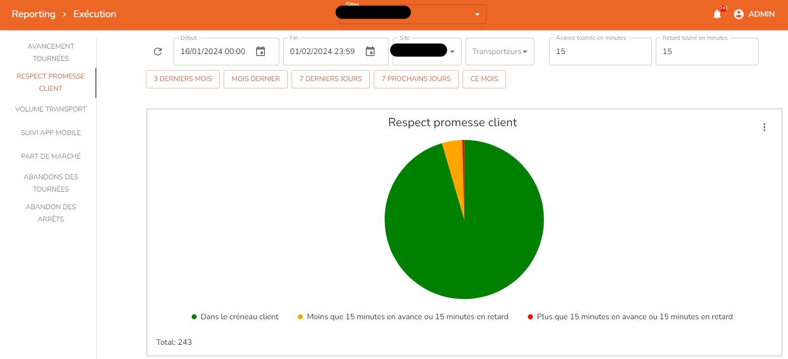 Capture d'écran du respect de la promesse client